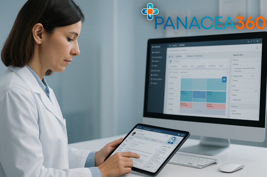 Panacea360 Hero Image with Logo – Clinician Using Tablet and Desktop Panacea360 hero image with embedded logo, showing a clinician using the platform on a tablet and desktop